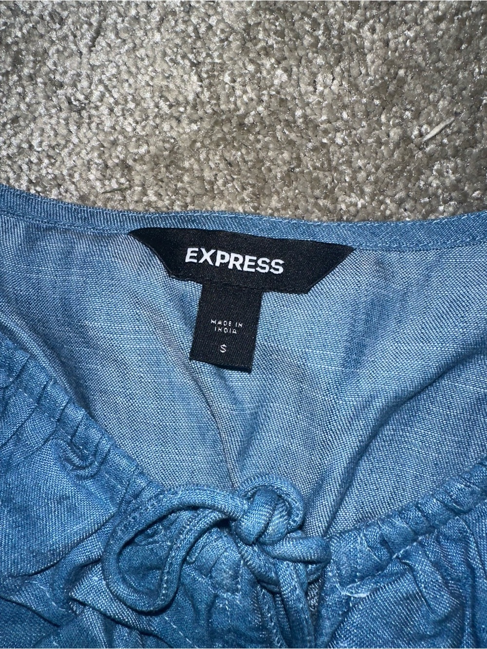 Express Ruffled Blue Denim-Look Top - Picture 3 of 3